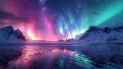 Green and purple aurora borealis over snowy mountains. Northern lights in Lofoten islands, Norway. Starry sky with polar lights. Night winter landscape with aurora, high rocks, beach. Travel. Scenery. - obrazy, fototapety, plakaty