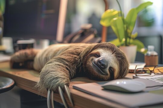 A relaxed sloth peacefully sleeps in an office space. embracing a tranquil and unconventional workplace vibe 