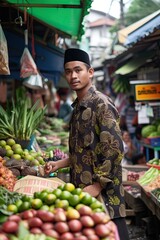 an Indonesian young male trader selling at the market