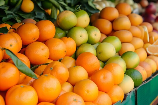 Colorful Display of Fresh Fruits, oranges in market, oranges, market, fruit display