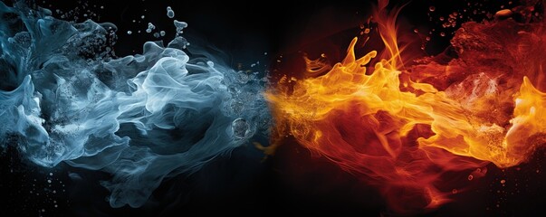 fire and water on black - opposite energy - obrazy, fototapety, plakaty