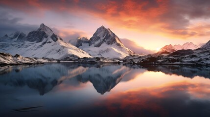 Panorama of snow-capped mountain peaks reflecting in the water