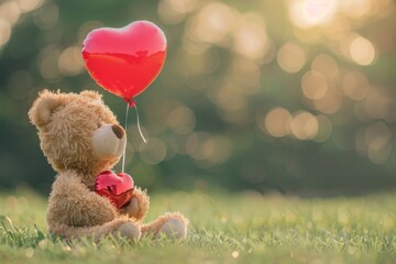 Teddy bear holding a red heart-shaped balloon and plush heart, sitting on green grass with a bokeh background. Concept of love, childhood, and affection.
 - Powered by Adobe