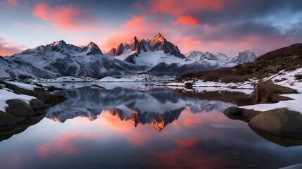 Beautiful panoramic landscape of snow-capped mountains at sunset