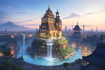 暁の古代未来都市PRGゲーム背景風伝説の神殿塔遺跡