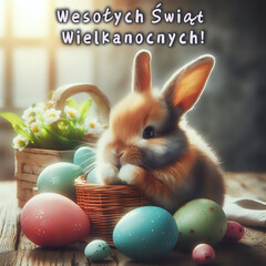 Kartka z życzeniami Wielkanocnymi w języku polskim. - obrazy, fototapety, plakaty