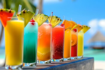 Tropical Beach Bar Long Drinks, Vibrant Colors, longdrinks, colorful, fruits, pineapple