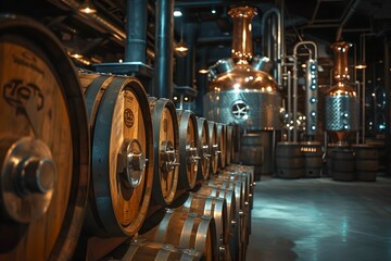 Antique Gin Distillery, Craftsmanship Essence, barrels, wooden, copper, vintage