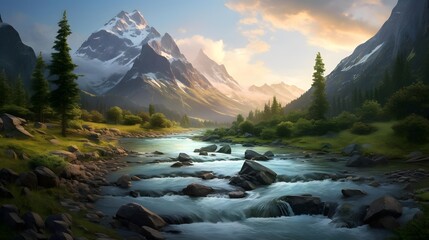 Panoramic view of a mountain river in the summer at sunset