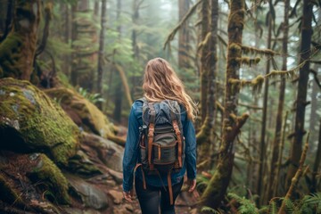 Naklejka premium Young Woman Hiker Exploring Misty Forest with Lush Greenery, Backpack Adventure in Nature
