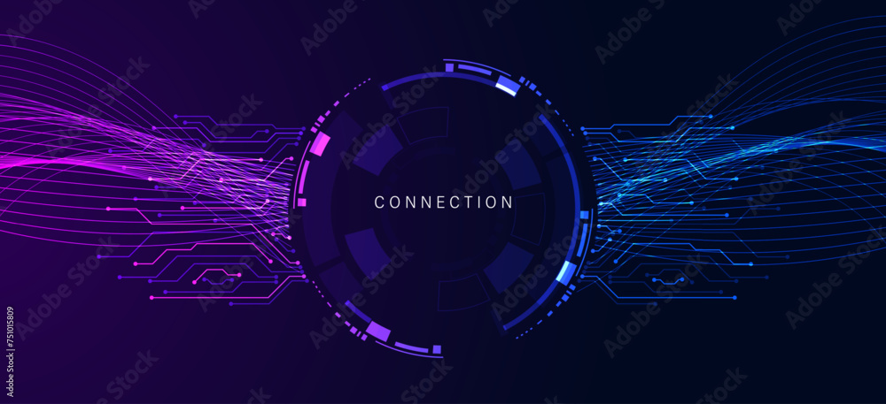 Aufkleber circle circuit board topic connection colorful and neon light purple and blue wave on circle digital