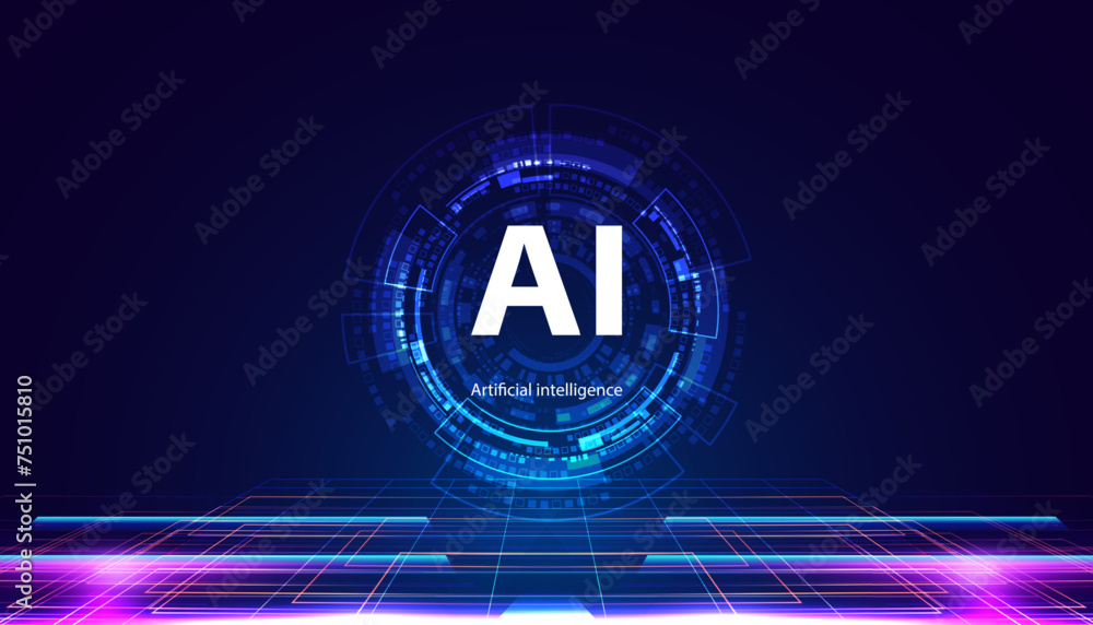Poster ai colorful and neon light purple and blue wave on circle digital and technology background with com