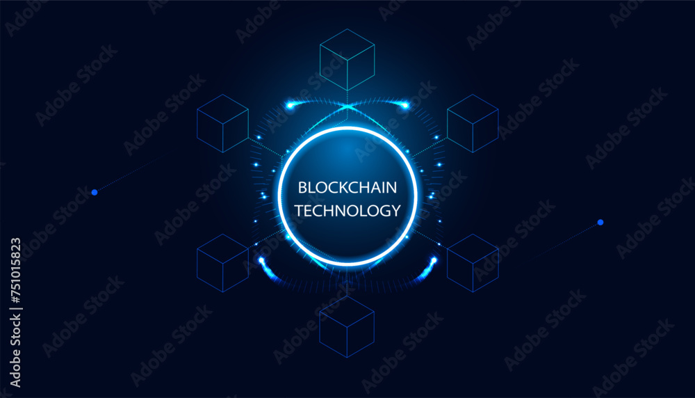 Aufkleber blue circles and neon lights. connected squares. blockchain technology cryptocurrency and fintech sq