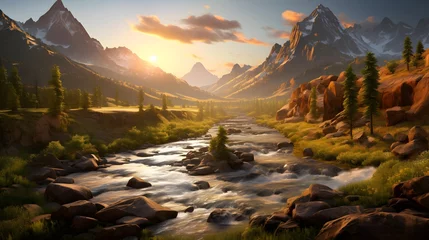 Schilderijen op glas Panoramic view of a mountain river in the mountains at sunset © Iman