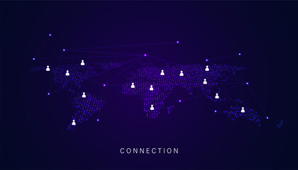 Map with people icons and connection city concept modern smart city on world map modern communication business connection internet network on purple background modern futuristic
