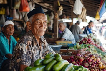 an old Indonesian male trader selling at the market - obrazy, fototapety, plakaty