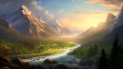 Panoramic view of the mountain river at sunset. Panoramic view of the mountain river at sunset