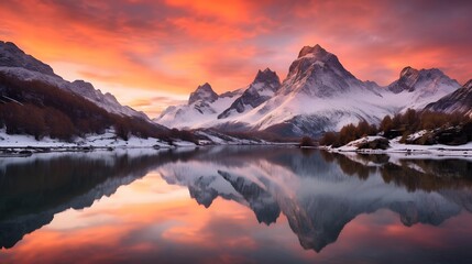 Panoramic view of snow-capped mountain peaks reflected in a lake at sunset