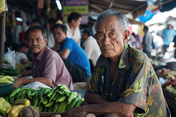 an old Indonesian male trader selling at the market - obrazy, fototapety, plakaty