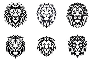 set of lion head black and white vector illustration isolated transparent background, logo, cut out or cutout t-shirt print design,  poster, baby products, packaging design, tribal tattoo