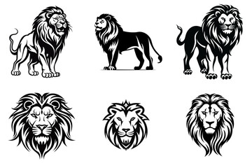 set of lion black and white vector illustration isolated transparent background, logo, cut out or cutout t-shirt print design,  poster, baby products, packaging design, tribal tattoo