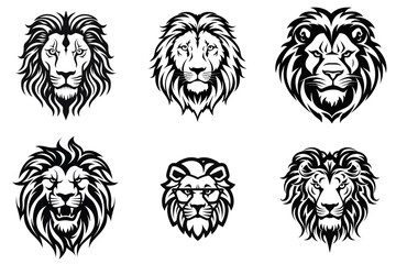 set of lion head black and white vector illustration isolated transparent background, logo, cut out or cutout t-shirt print design,  poster, baby products, packaging design, tribal tattoo