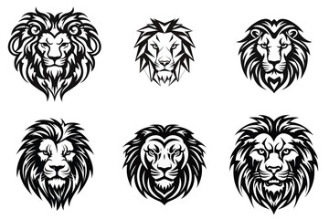 set of lion head black and white vector illustration isolated transparent background, logo, cut out or cutout t-shirt print design,  poster, baby products, packaging design, tribal tattoo