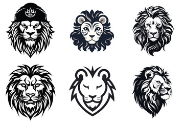 set of lion head black and white vector illustration isolated transparent background, logo, cut out or cutout t-shirt print design,  poster, baby products, packaging design, tribal tattoo
