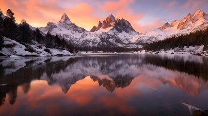 Beautiful panoramic view of snow covered mountains and lake at sunrise