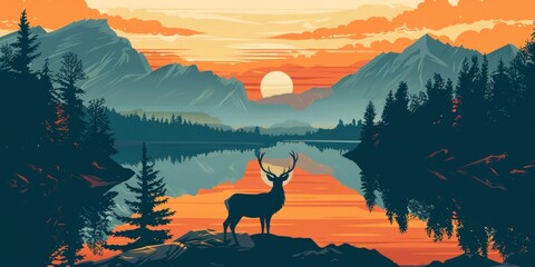 deer standing by the lake at sunset in the forest Generative AI