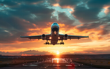 Airplane Ascending Against Vibrant Sunset