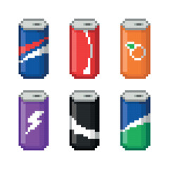 Set of pixel soda icons in colored aluminum cans. The sign of soft drinks. Pixelated food icon. Pixel design, embroidery. Isolated on a white background.