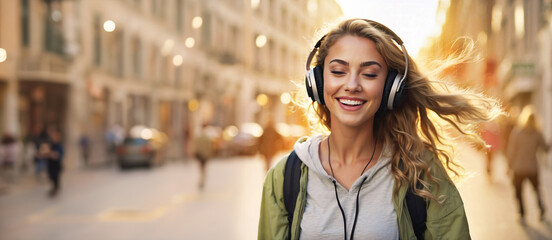 Joyful young Caucasian woman listening to music with wireless headphones using a smartphone while walking on a city street outdoors Cheerful female dancing Happiness and lifestyle concept - obrazy, fototapety, plakaty