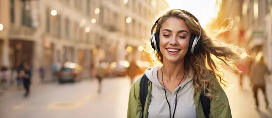 Wandcirkels plexiglas Joyful young Caucasian woman listening to music with wireless headphones using a smartphone while walking on a city street outdoors Cheerful female dancing Happiness and lifestyle concept © ginettigino
