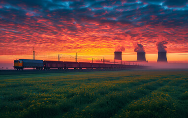 Sunset Over Power Plant with Passing Train
