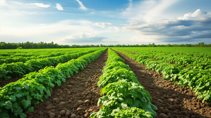 Fototapeta na wymiar Lush Green Potato Farm Under a Clear Blue Sky