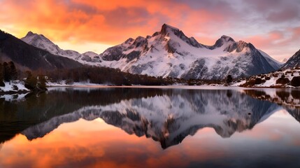 Panoramic view of snow capped mountains reflected in a lake.