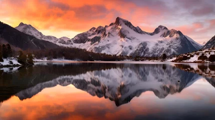 Rolgordijnen Panoramic view of snow capped mountains reflected in a lake. © Iman