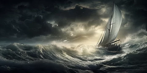 Rolgordijnen sailboat in the sea during storm © Влада Яковенко