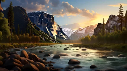Fotobehang Beautiful panoramic view of a mountain river in the mountains © Iman
