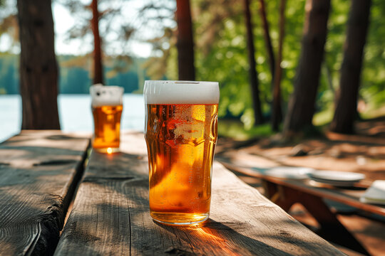 A tranquil lakeside setting with a cold beer on a table, embodying the essence of a peaceful summer vacation