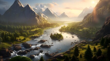 Fantastic panoramic view of the mountains and the river