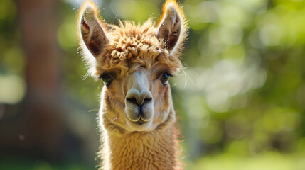 Fototapeta premium Fluffy baby llama posing for the camera