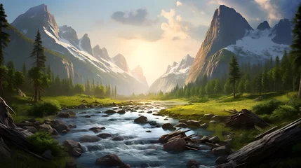 Fototapete Rund Panoramic view of a mountain river in the mountains at sunset © Iman