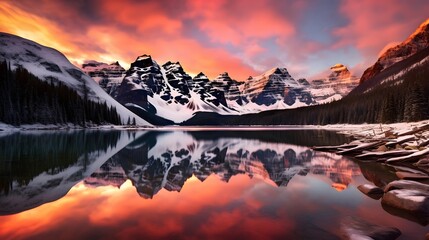 Fototapeta na wymiar Panoramic view of snowy mountains reflected in a lake at sunset