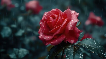 Beautiful red rose with raindrops on the leaves in the rain