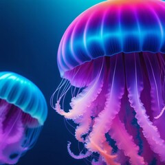 a couple of jellyfish floating next to each other, glowing rich colors, soft purple 