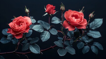 Red roses on a black background. Floral background. Toned.