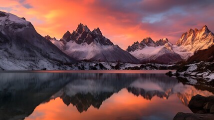 Fototapeta na wymiar Panoramic view of snowcapped mountains reflected in lake at sunset