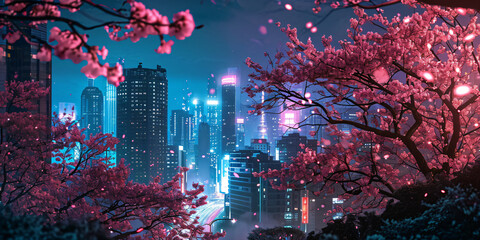 japan ancient city at night with skyscrapers 	 - obrazy, fototapety, plakaty